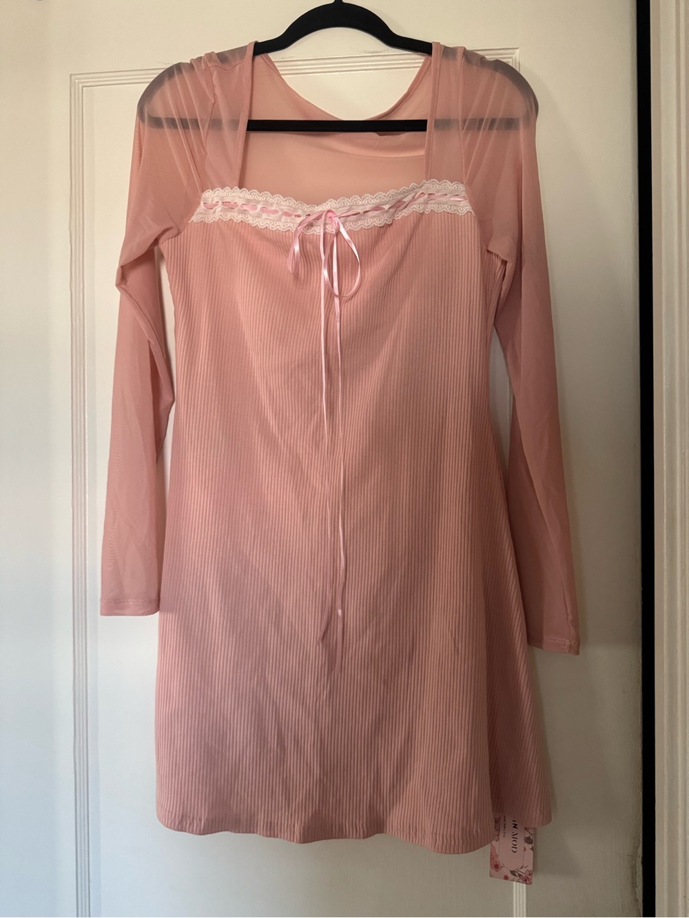 Pink Coquette Long Sleeve Dress With Lace Trim